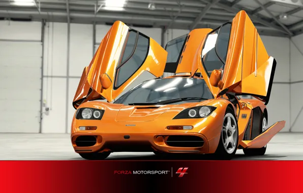 Картинка линии, гараж, рыжая, McLaren F1, модернизация, Forza Motorsport 4