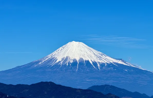 Картинка небо, снег, синий, ландшафт, гора, вулкан, Япония, фудзи