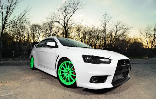 Картинка green, Mitsubishi, white, wheels, lancer, evolution