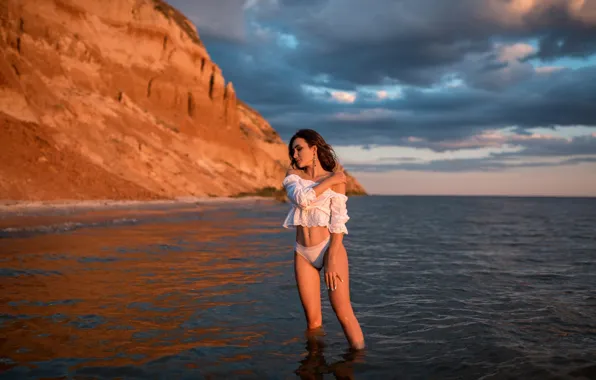 Море, солнце, облака, закат, поза, модель, трусики, макияж