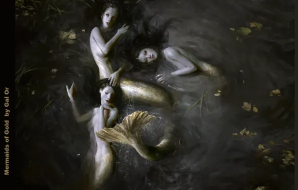 Хвост, русалки, длинные волосы, в воде, чешуйки, три девушки, листья в воде, mermaids