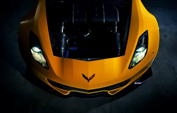 Желтый, Corvette, Chevrolet, Машина, Двигатель, Фары, Car, Yellow