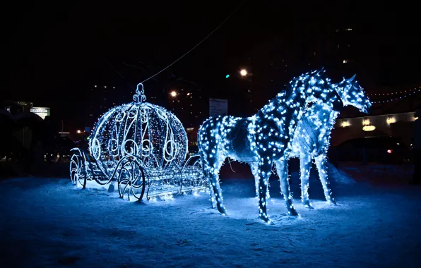 Картинка зима, снег, новый год, лошади, карета, гирлянда