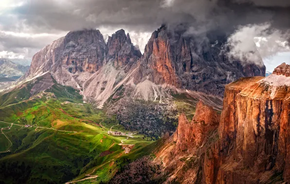 Картинка лето, небо, горы, тучи, скалы, долина, Альпы, Италия