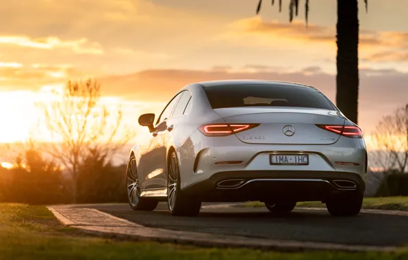 Закат, Mercedes-Benz, CLS, седан, вид сзади, 2018, 450, 4MATIC