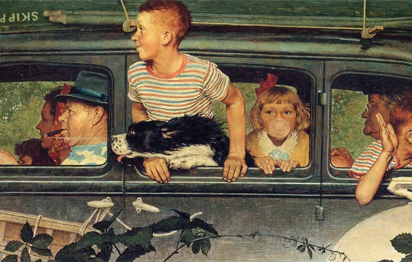 Машина, собака, поездка, Иллюстрация, взрослые и дети, Норман Роквелл