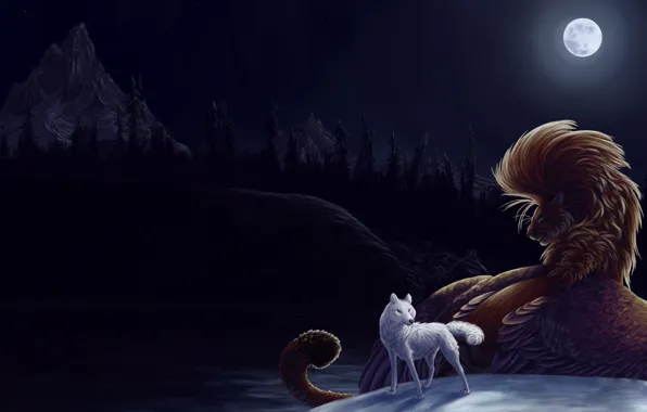 Картинка ночь, луна, Волк