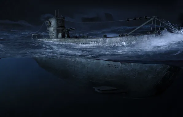 Картинка ночь, океан, Арт, одна, подводная лодка, армии, submarine, самых