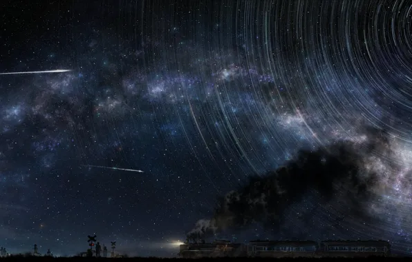 Картинка небо, звезды, люди, луна, дым, поезд, арт, tsujiki