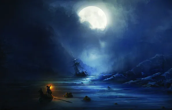 Картинка moon, fantasy, game, sea, people, Assassin's Creed, moonlight, ship