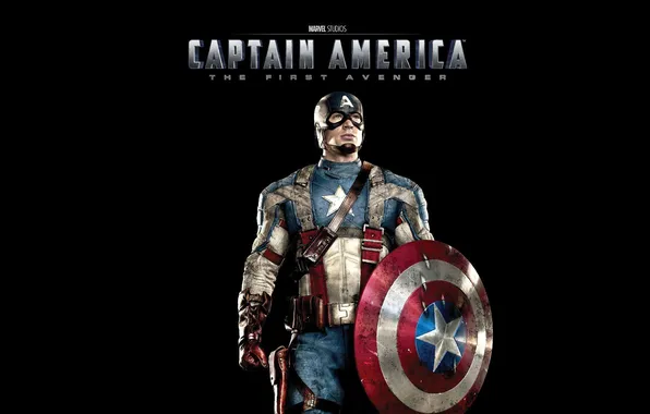 Картинка фантастика, костюм, щит, черный фон, комикс, Captain America, Крис Эванс, Первый мститель