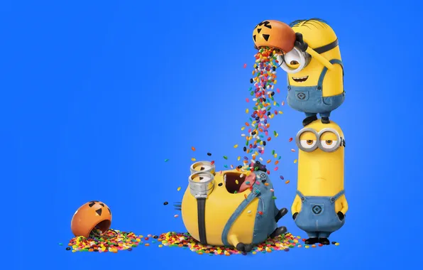 Мультфильм, конфеты, синий фон, Minions, Миньоны