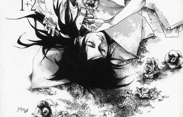 Рисунок, черно-белая, руки, кимоно, Itachi Uchiha, Naruto Shippuden, лежит на спине, камелии
