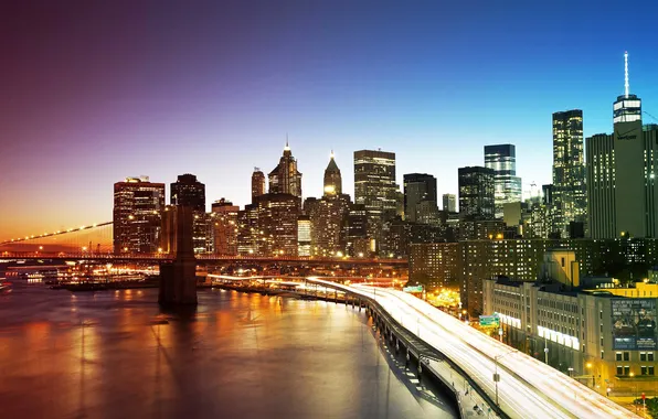 Картинка отражение, Нью-Йорк, небоскребы, зеркало, Бруклинский мост, сумерки, Манхэттен, Соединенные Штаты