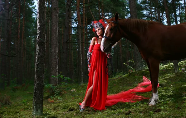 Лес, взгляд, девушка, природа, конь, лошадь, красное платье, в красном
