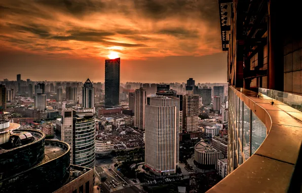 Картинка закат, China, здания, панорама, Китай, Shanghai, Шанхай, Хуанпу
