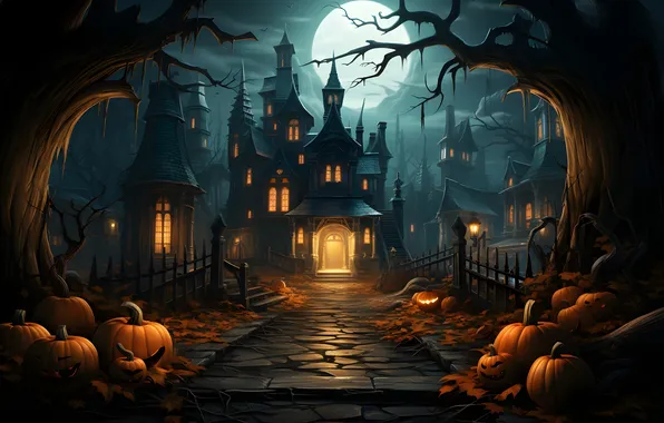 Картинка Дома, Огни, Ночь, Деревья, Луна, Тучи, Тыквы, Halloween