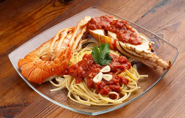Картинка тарелка, креветка, соус, морепродукты, макароны