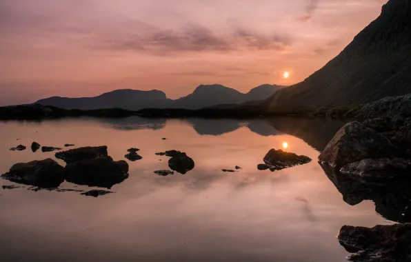Картинка закат, горы, озеро, отражение, Англия, England, Lake District, Озерный край