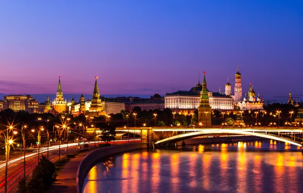 Мост, река, Москва, Кремль, Россия, ночной город, набережная, Москва-река