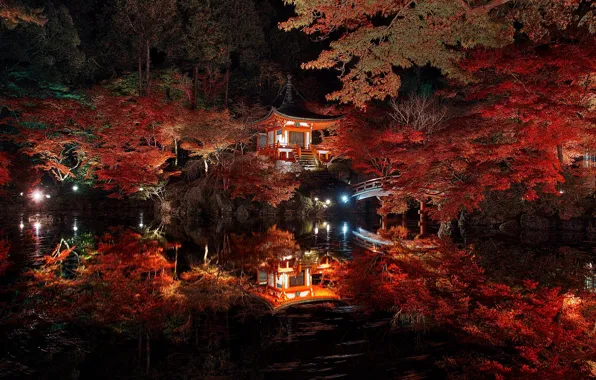 Картинка осень, вода, ночь, мост, природа, огни, Япония, домик