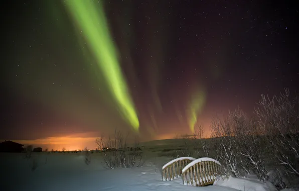 Картинка зима, звезды, ночь, северное сияние, мостик, Aurora Borealis
