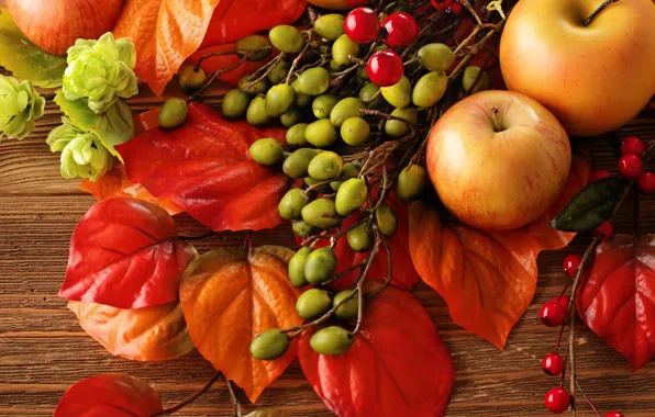Картинка осень, листья, яблоки, натюрморт, autumn, leaves, fruit, still life