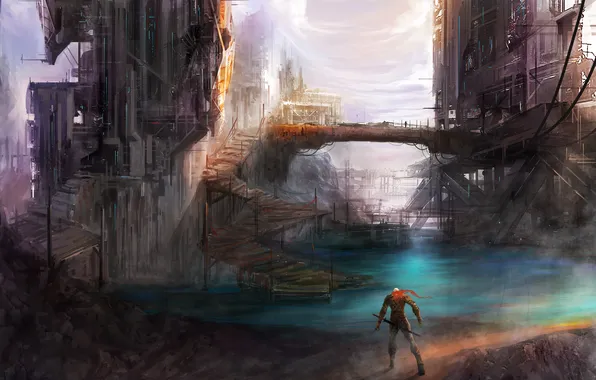 Картинка мост, город, будущее, фантастика, человек, сооружение, арт, лестница