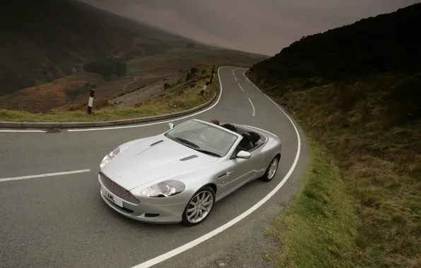 Картинка дорога, Aston Martin, гора, серебристый, астон мартин, суперкар, DB9, кабриолет