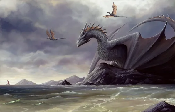 Море, берег, корабль, драконы, существо, монстры, рога