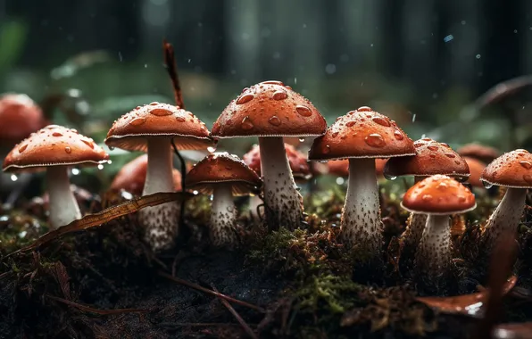 Лес, капли, темный фон, грибы, мухоморы, много, семейка, ИИ-арт