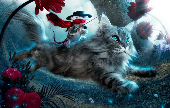 Картинка кошка, цветы, котенок, фантазия, игрушка, лететь