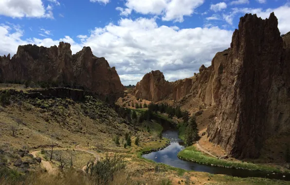 Картинка небо, облака, горы, река, США, Oregon, Smith Rock