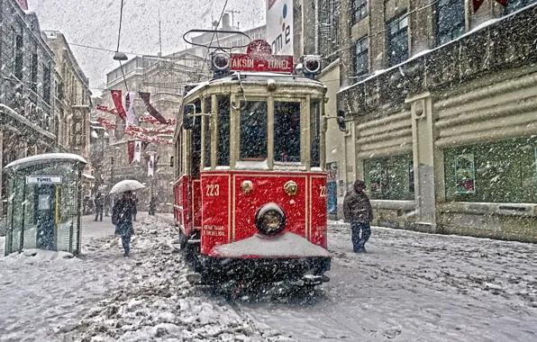 City, Snowfall, Tramcar