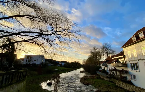 City, Clouds, Sky, River, Trees, Houses, Sun Goes Down, Photography by Tom