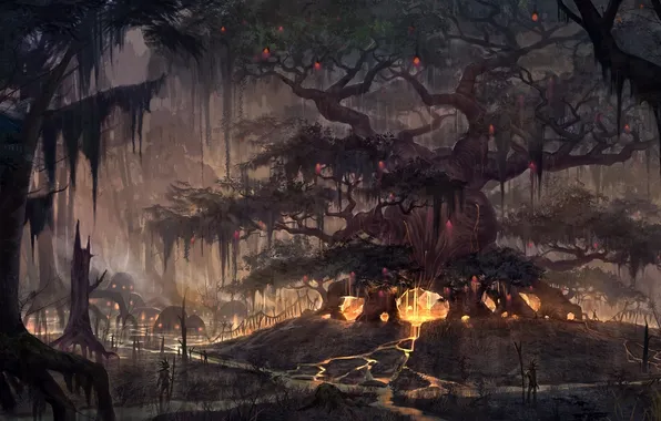 Реки, люди, арт, гигантское, The Elder Scrolls Online, дерево, огни