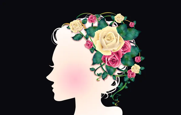 Картинка цветы, розы, Девушка, силуэт, профиль, венок, плетения