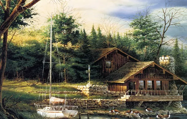 Картинка лес, дом, рисунок, яхта, Summer, Changing Seasons, Terry Redliner