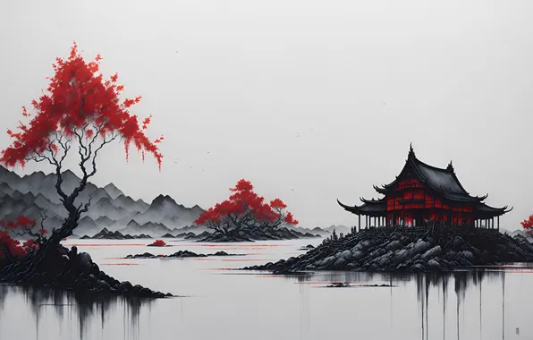 Foliage, Pagoda, Oriental, Crimson