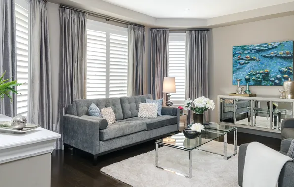 Картинка дизайн, стиль, диван, картина, шторы, столик, гостиная