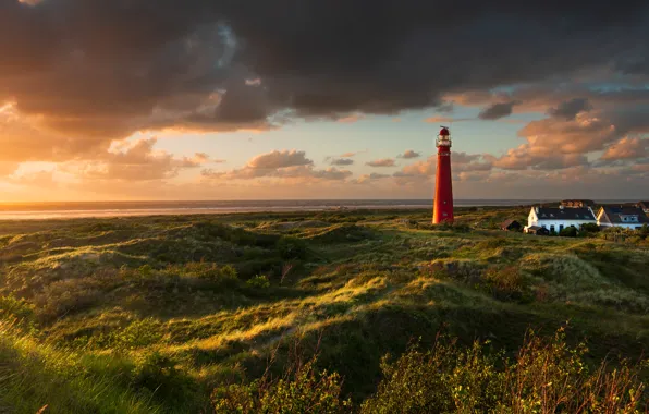 Картинка пейзаж, закат, природа, маяк, остров, дома, Нидерланды, Схирмонниког