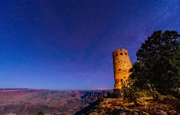 Небо, звезды, горы, дерево, скалы, башня, развалины, Grand Canyon National Park