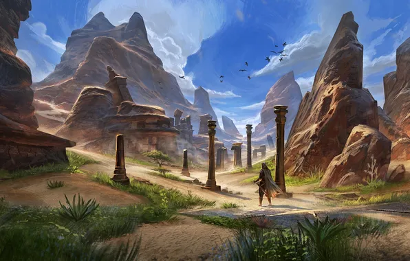 Картинка птицы, скалы, человек, воин, колонны, руины, The Elder Scrolls Online
