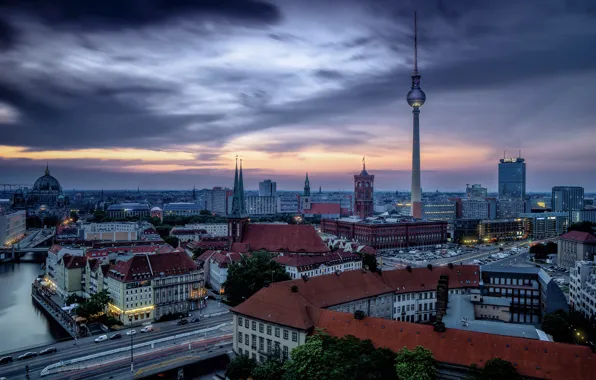 Картинка мост, река, здания, дома, Германия, панорама, Germany, телебашня