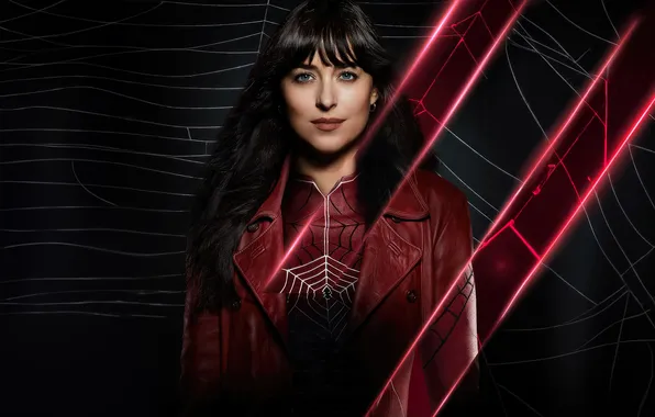 Взгляд, девушка, красный, фильм, брюнетка, плащ, Dakota Johnson, Madame Web