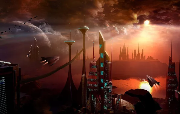 Картинка город, планеты, корабли, горизонт, метеориты