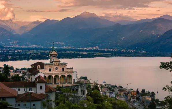 Горы, город, озеро, Швейцария, Ticino, Locarno, Обитель Мадонна-дель-Сассо, Madonna del Sasso Sanctuary