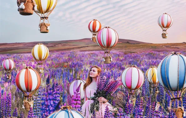 Картинка девушка, цветы, воздушные шары, настроение, луг, люпины, Кристина Макеева