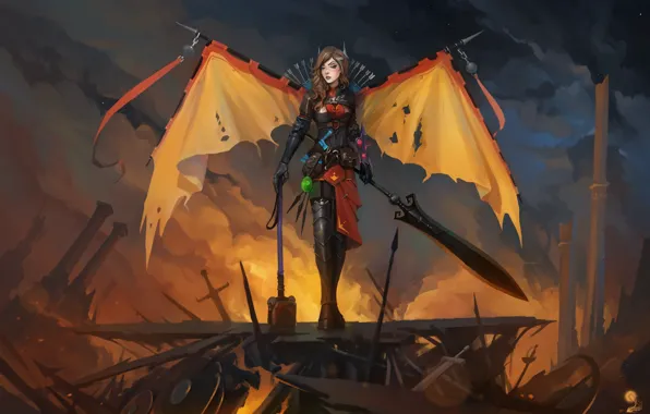 Картинка девушка, крылья, меч, молот, fan art, dota 2, Legion Commander, tresdin