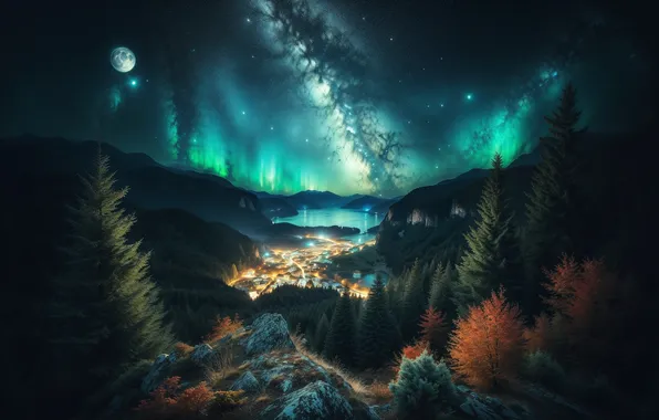 Деревья, ночь, природа, луна, северное сияние, от miva neon